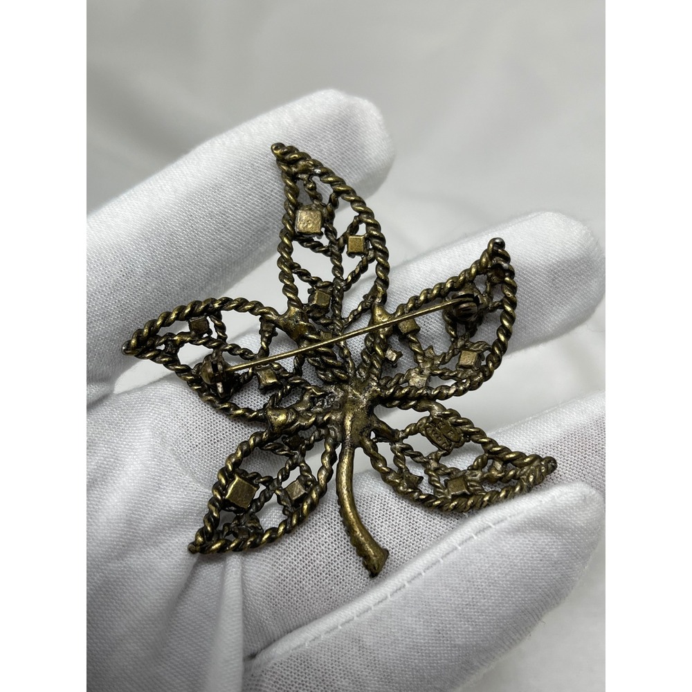 Avon Womens Vintage Leaf Brooch Earring Set OS Bronze Rhinestone Autumn Jewelry - Picture 5 of 9